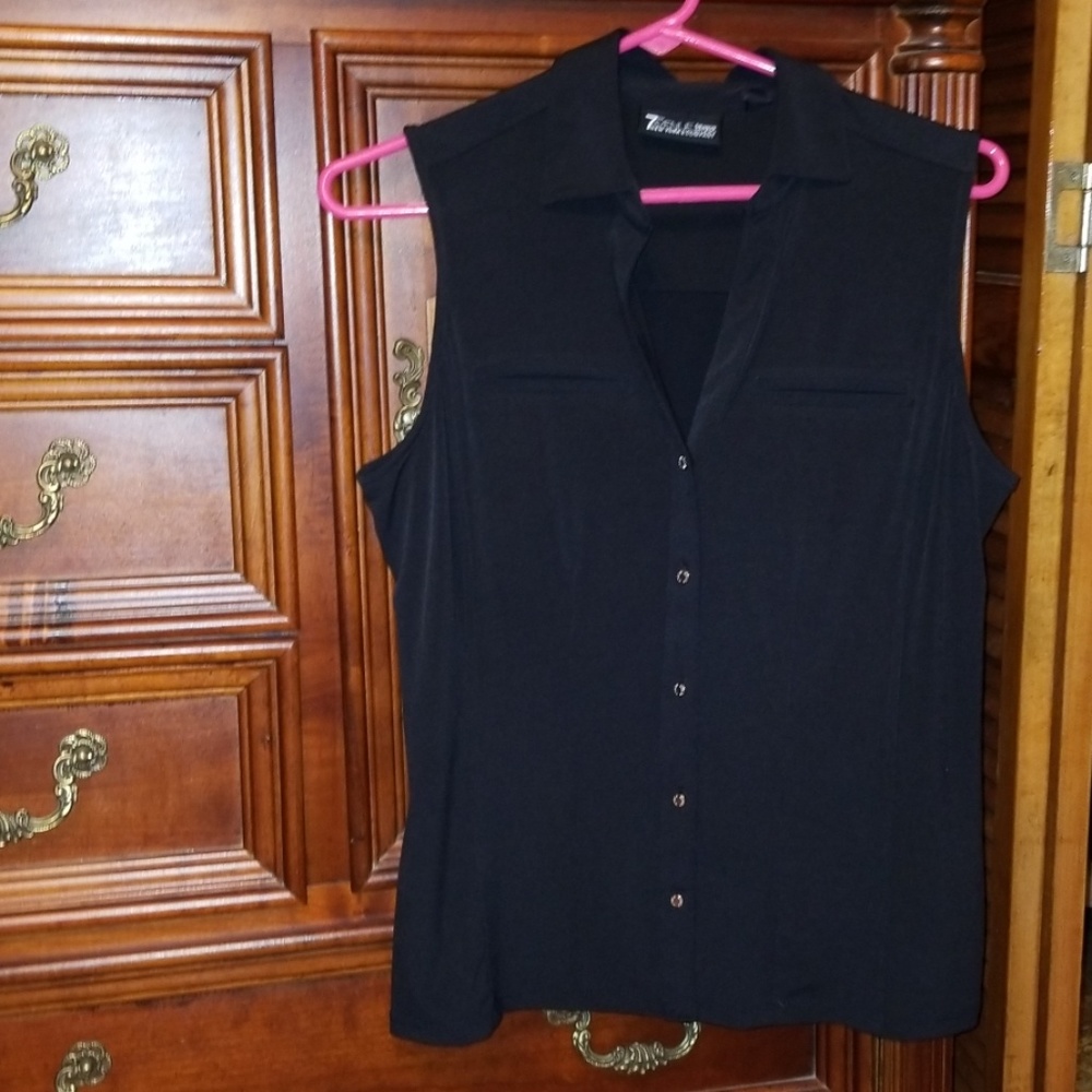 Black, collared, sleeveless shirt
